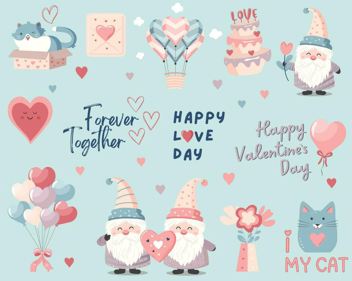 einstellen von süß Vektor Liebe Aufkleber. Valentinsgrüße Tag Elemente Gnom, Herz, Katze, Luftballons. romantisch Vektor Pack Pastell- Farben