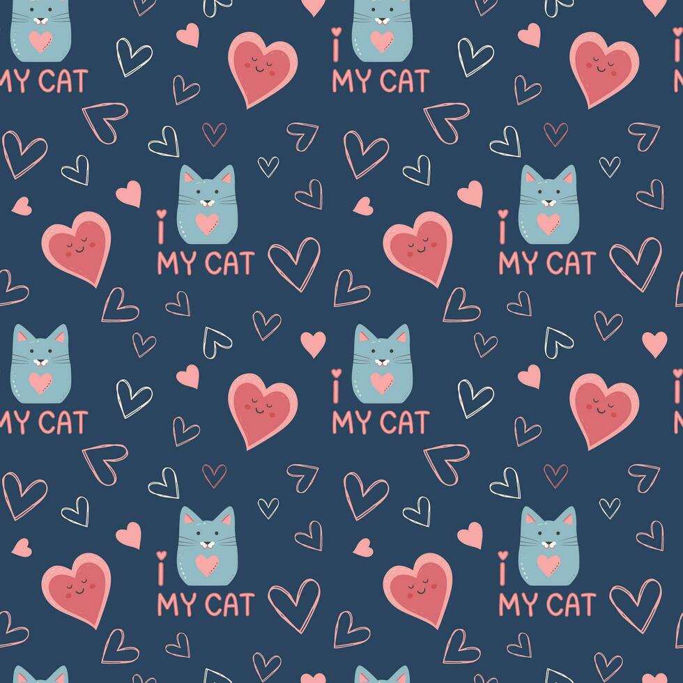 nahtlos Muster Katzen und Herzen. Valentinstag Tag Hintergrund. Liebe Muster vektor