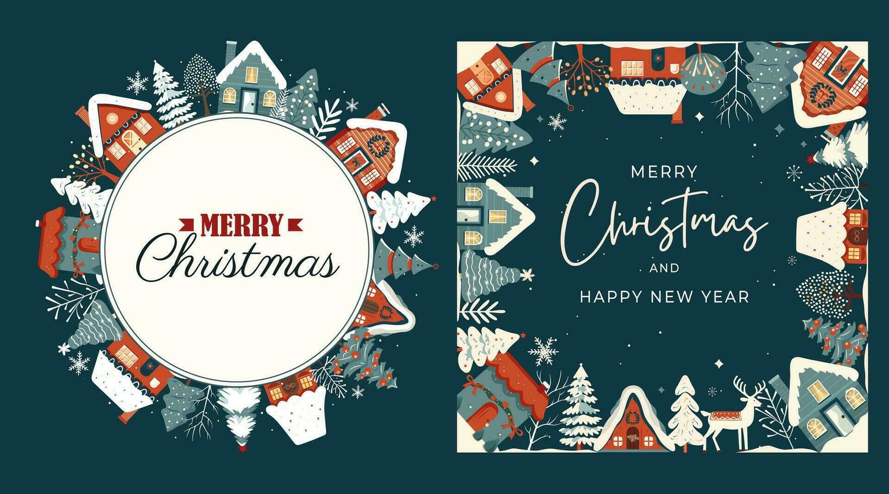 einstellen Winter Karten, Rahmen mit Scandi Häuser, Bäume. Konzept Weihnachten und Neu Jahr. Winter Ornament Poster vektor