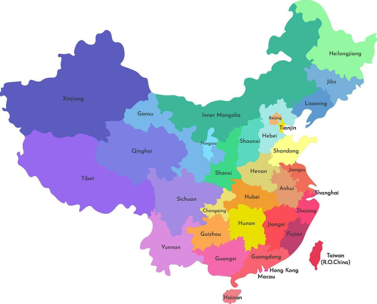 Vektor isoliert Illustration von vereinfacht administrative Karte von China. Grenzen und Namen von das Provinzen, Regionen. multi Farbe Silhouetten.