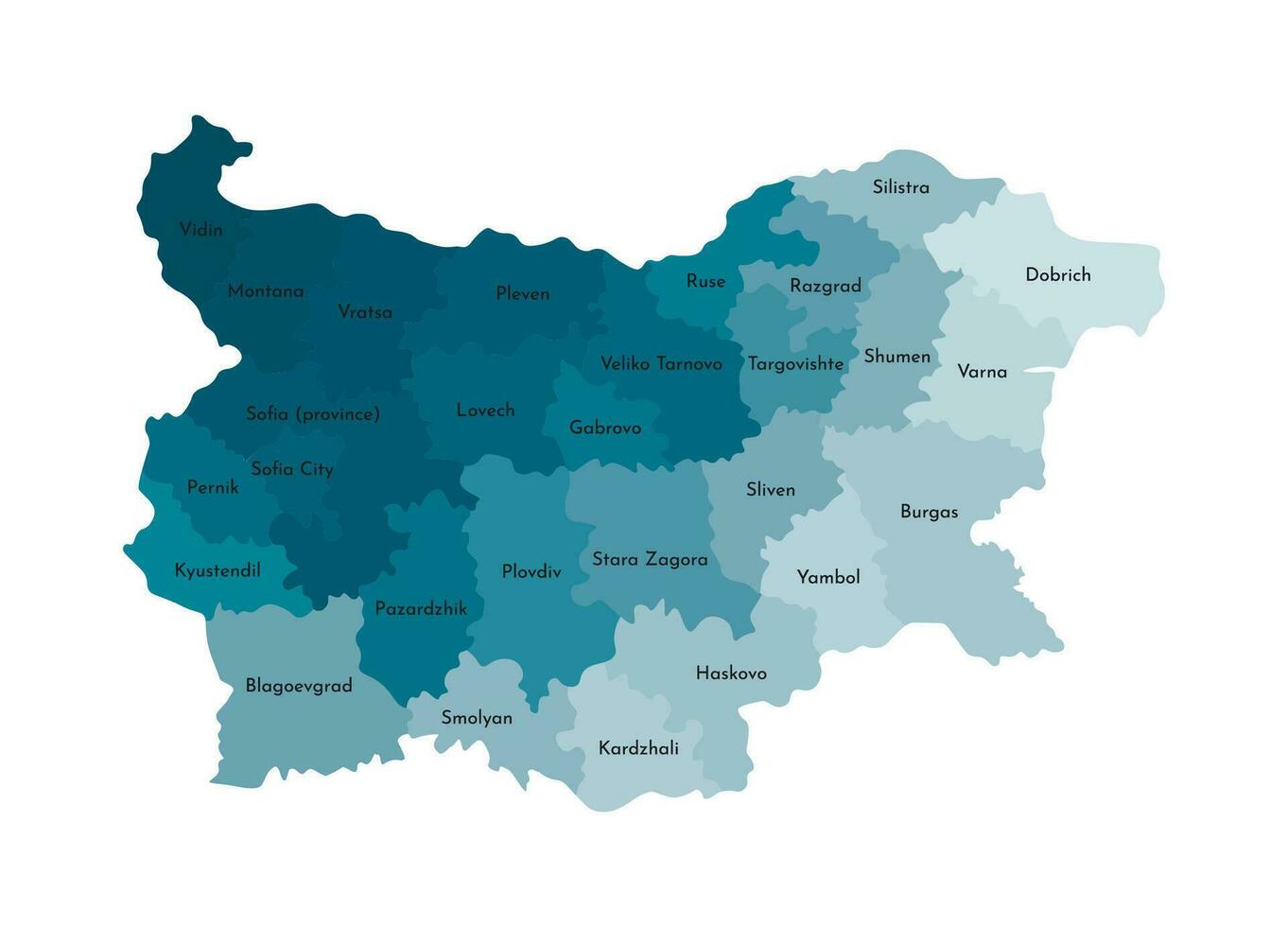 vektor isolerat illustration av förenklad administrativ Karta av bulgarien. gränser och namn av de regioner. färgrik blå kaki silhuetter.