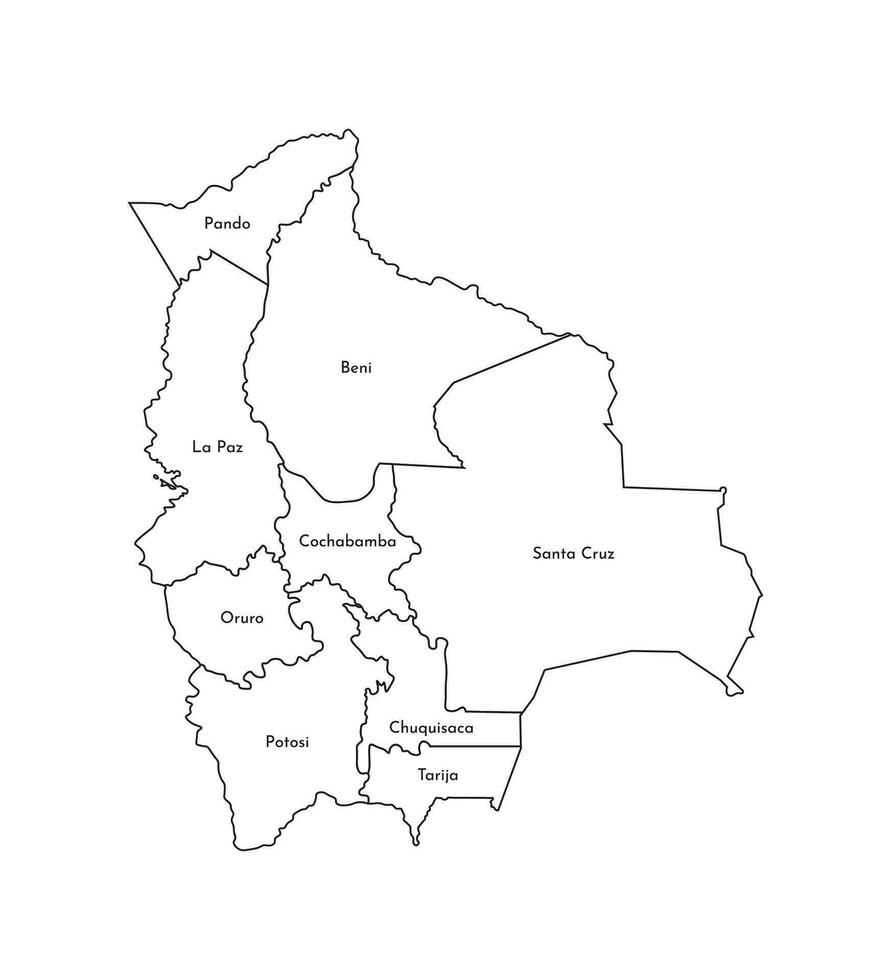 Vektor isoliert Illustration von vereinfacht administrative Karte von Bolivien. Grenzen und Namen von das Abteilungen, Regionen. schwarz Linie Silhouetten.