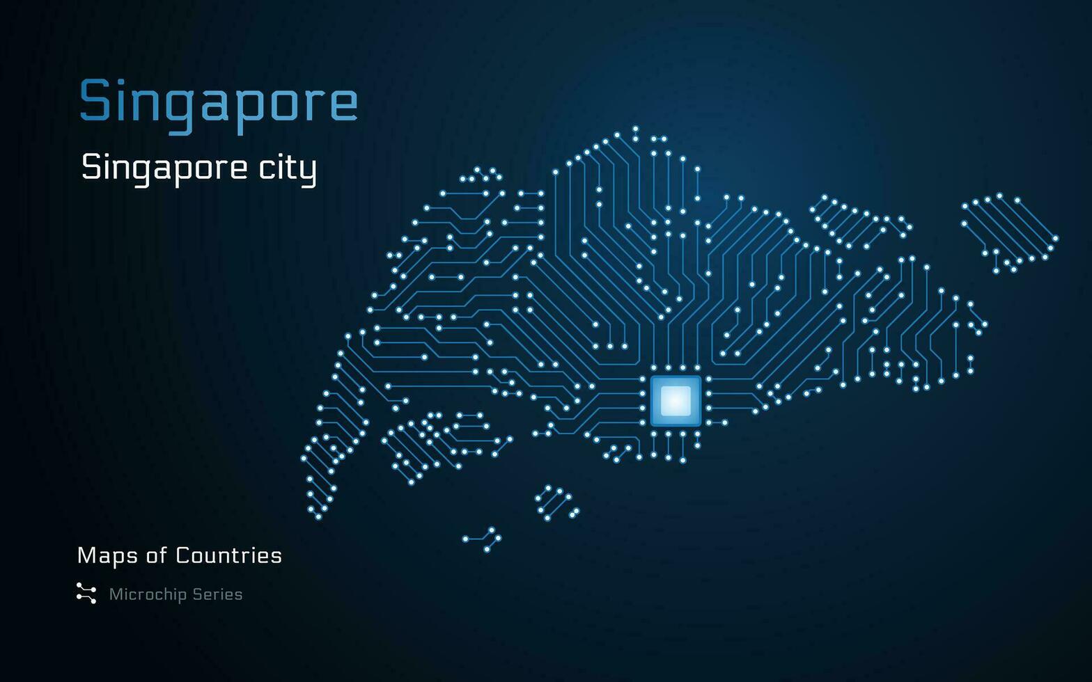 Singapur Karte mit ein Hauptstadt von Singapur Stadt gezeigt im ein Mikrochip Muster mit Prozessor. E-Government. Welt Länder Vektor Karten. Mikrochip Serie