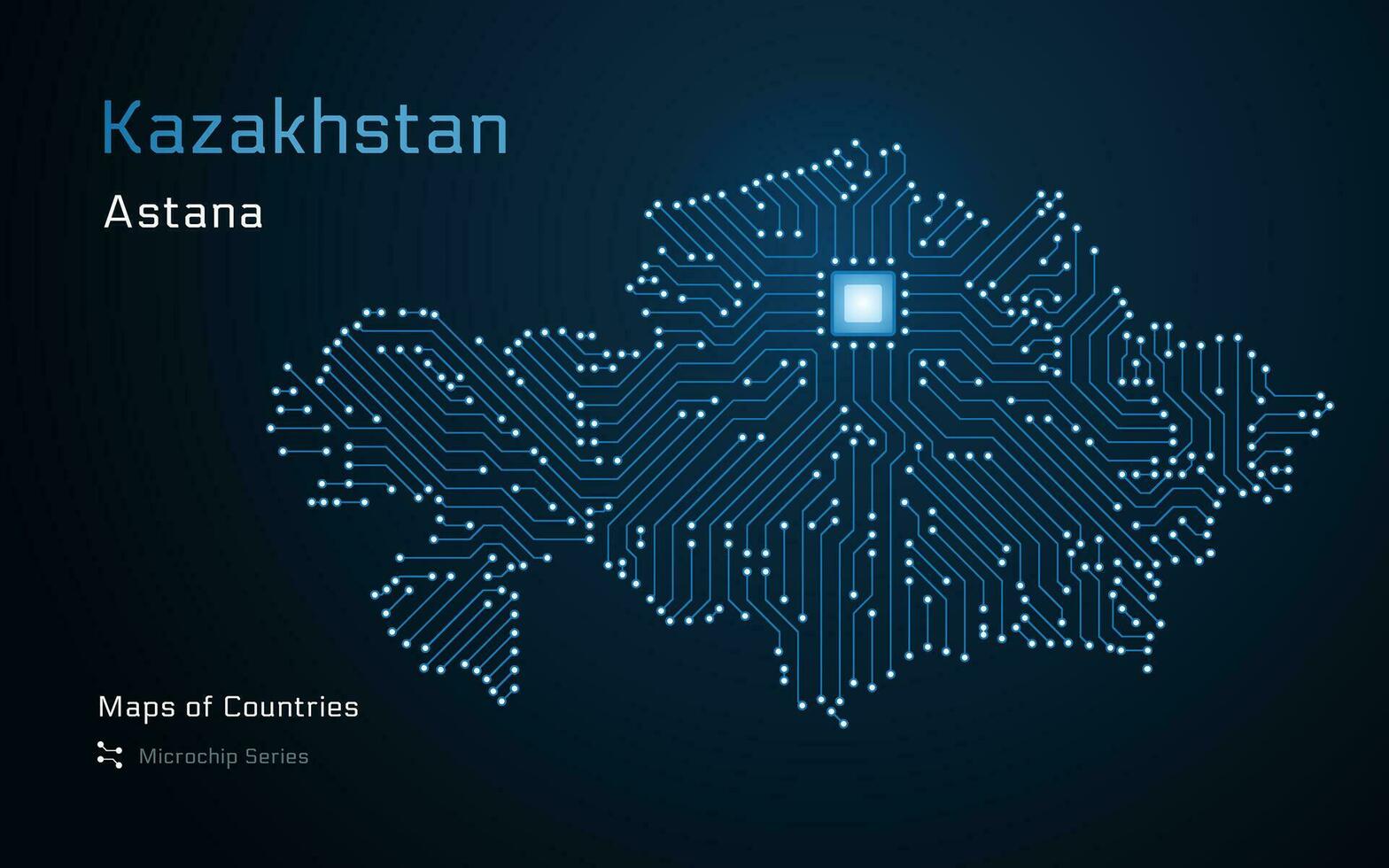 Kasachstan, Kasachstan Karte mit ein Hauptstadt von Astana gezeigt im ein glühend Mikrochip Muster. E-Government. Welt Länder Vektor Karten. Mikrochip Serie