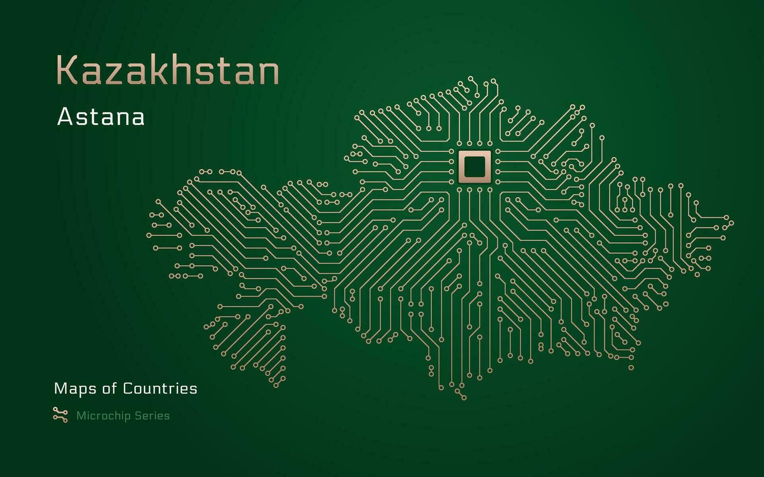 Kasachstan, Kasachstan Karte mit ein Hauptstadt von Astana gezeigt im ein Mikrochip Muster. E-Government. Welt Länder Vektor Karten. Mikrochip Serie