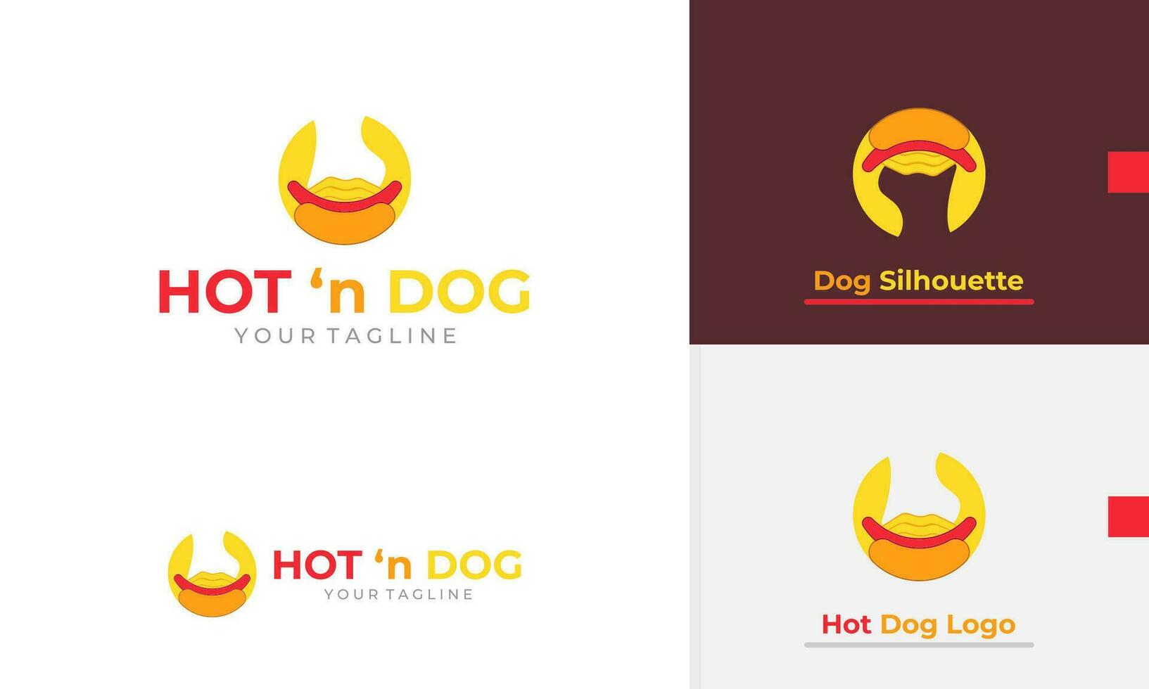 Logo Design Symbol abstrakt geometrisch Kreis heiß Hund mit rot Würstchen braun Brötchen und Gelb Hintergrund vektor