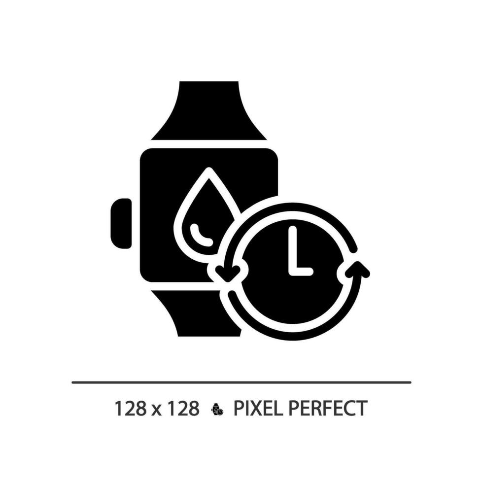 2d Pixel perfekt Glyphe Stil Smartwatch mit Wasser Symbol, isoliert Silhouette Vektor, einfach Illustration Darstellen Stoffwechsel- Gesundheit. vektor