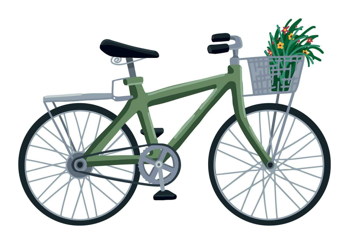 Fahrrad mit Korb von Blumen Clip Art. Sommer- Freizeit Aktivitäten Sport Gekritzel isoliert auf Weiß. farbig Vektor Illustration im Karikatur Stil.