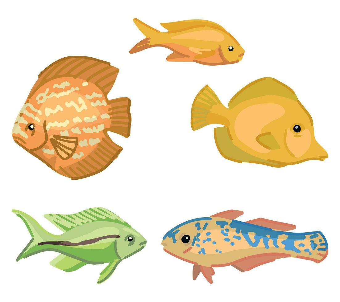 tropisk fauna klotter uppsättning. samling av exotisk fisk. färgad vektor illustration i tecknad serie stil. modern cliparts isolerat på vit.