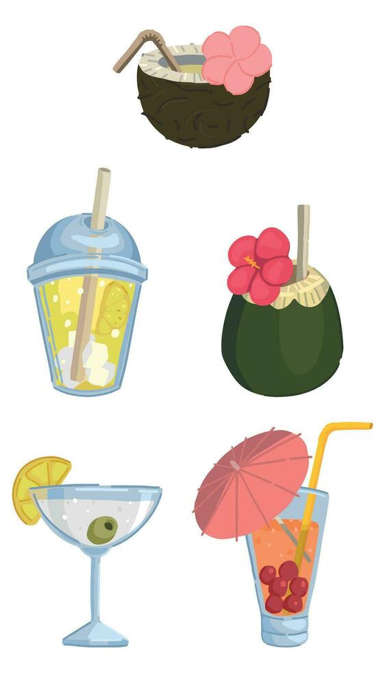 cocktails klotter samling. tecknad serie vektor illustrationer av färsk sommar drycker och tropisk drycker. färgad cliparts isolerat på vit bakgrund.