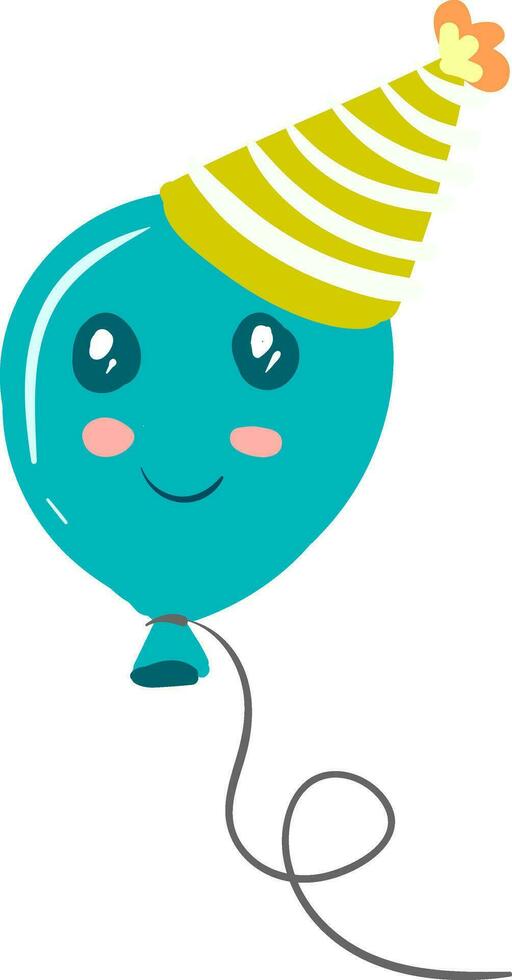 en blå ballong med leende ögon och stängd leende vändning upp till kinder är bär en ljus gul fest hatt vektor Färg teckning eller illustration