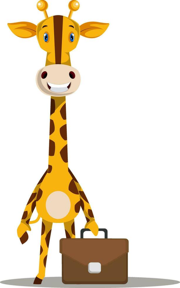 giraff med resväska, illustration, vektor på vit bakgrund.