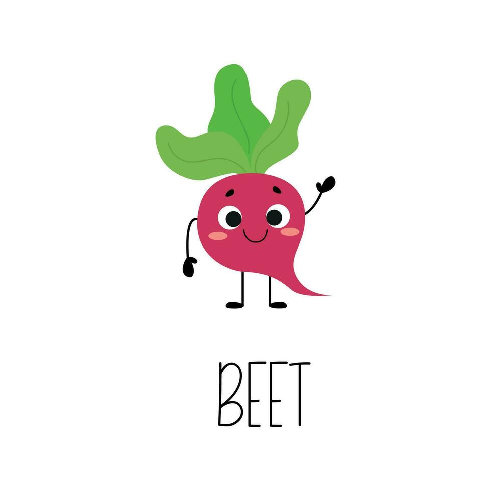 Hand gezeichnet komisch Zuckerrüben Charakter. Karte mit Gemüse Name. Vektor Illustration