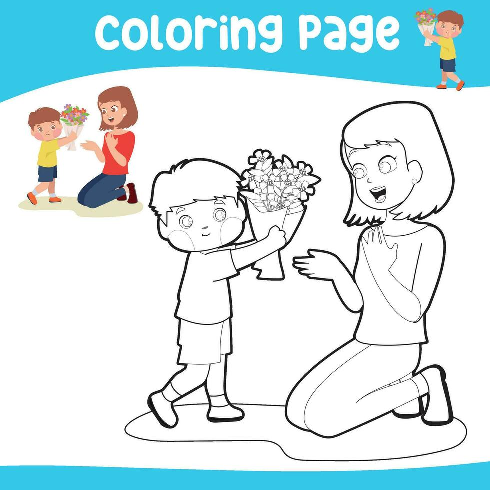 Lycklig mödrar dag färg ark. mödrar dag färg sidor. lätt och enkel färg sida för barn vektor