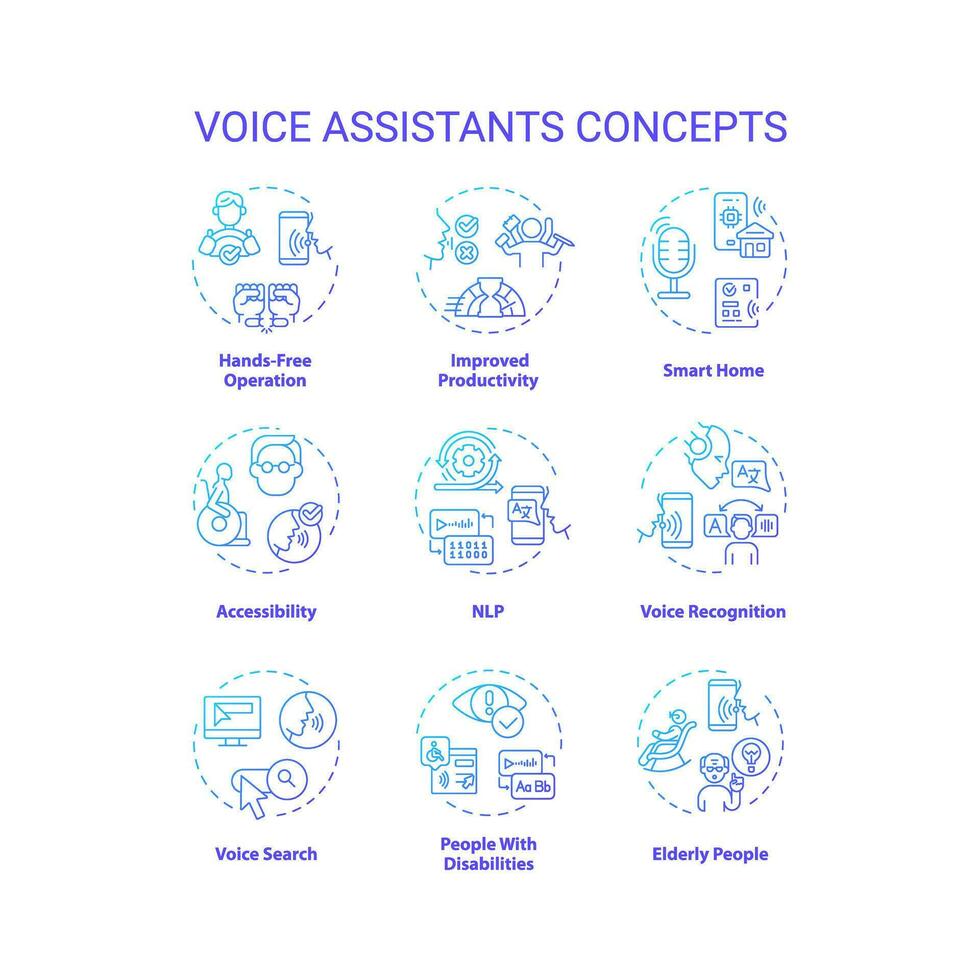 2d lutning ikoner uppsättning representerar röst assistenter koncept, isolerat vektor, tunn linje blå illustration. vektor