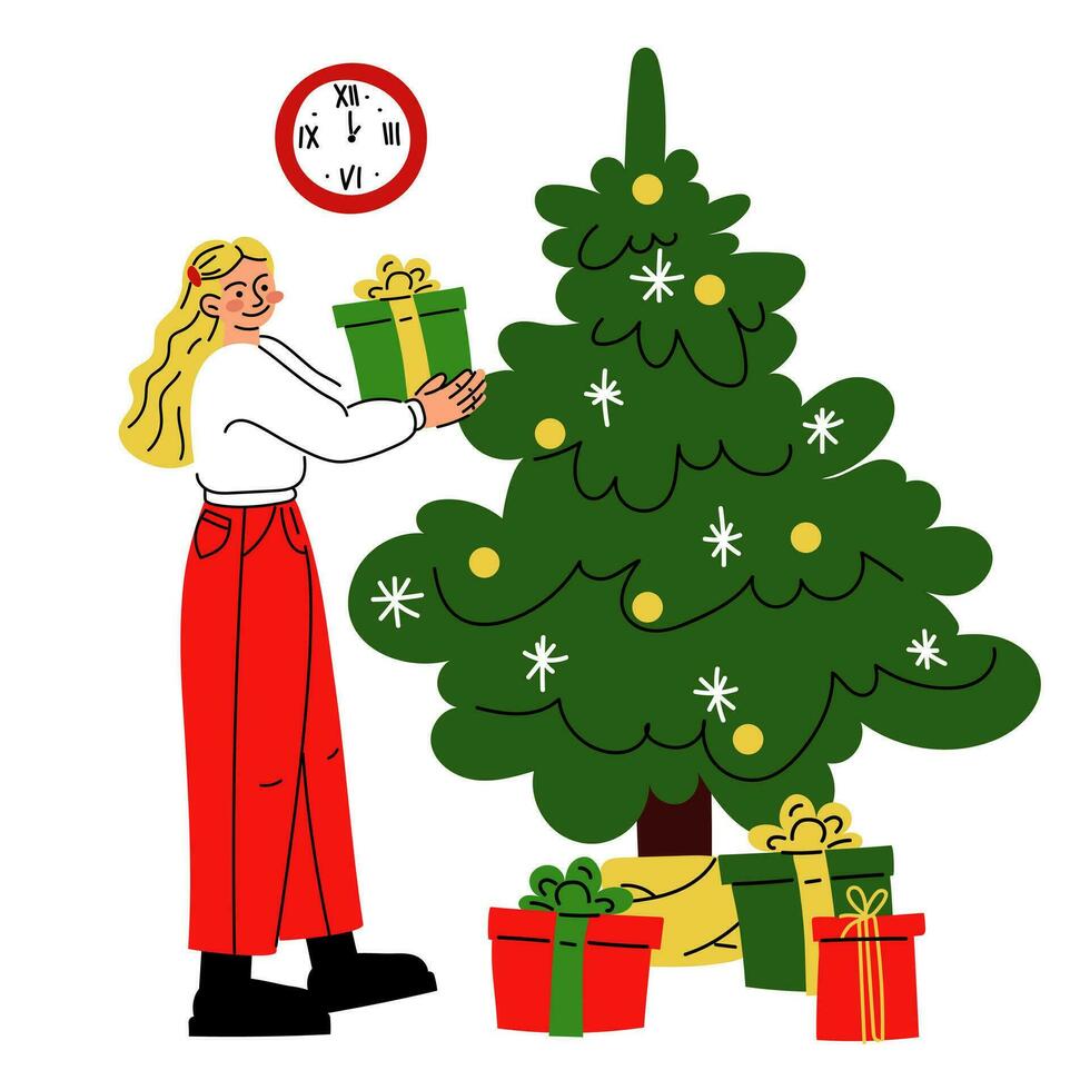 jul illustration i som en flicka innehar en låda till sätta Nästa till de jul träd med Övrig gåvor. dess tid till ge gåvor. uppackning en gåva. vektor. gåvor och överraskningar. glad jul, ny år vektor