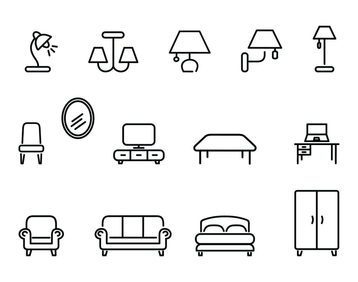 Möbel Symbole einstellen Linie Stil isoliert auf Weiß Hintergrund. Zuhause Linie Symbol Vektor