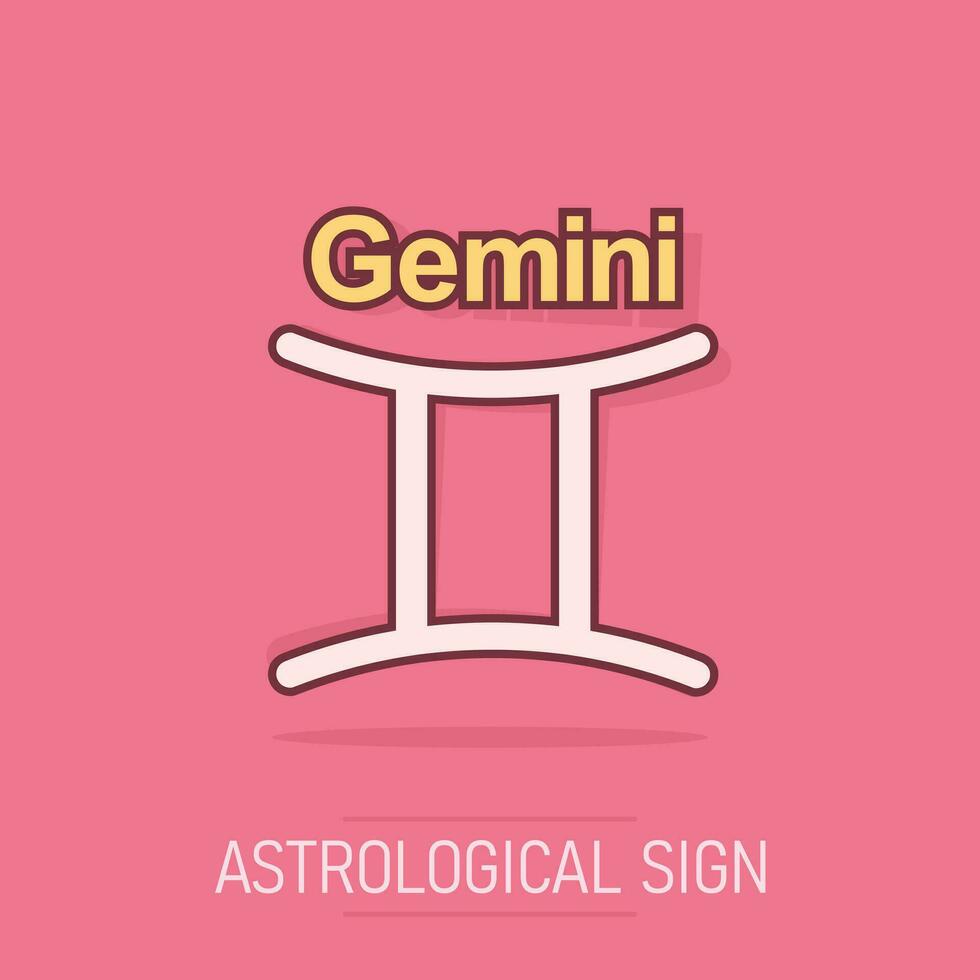 vektor tecknad serie gemini zodiaken ikon i komisk stil. astrologi tecken illustration piktogram. gemini horoskop företag stänk effekt begrepp.