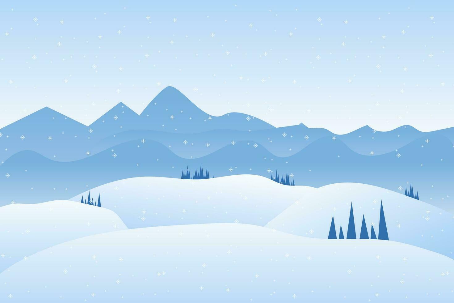 Vektor Illustration von Winter schneebedeckt Berge Landschaft mit Hügel und Kiefern, Winter Bäume und Weihnachten Bäume mit Schnee auf isoliert Blau Hintergrund Konzepte Vektor
