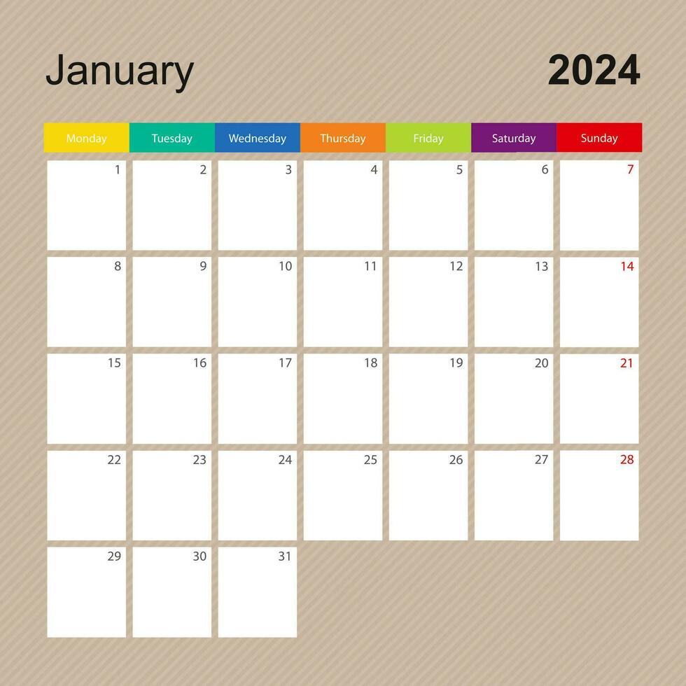 Kalender Seite zum Januar 2024, Mauer Planer mit bunt Design. Woche beginnt auf Montag. vektor