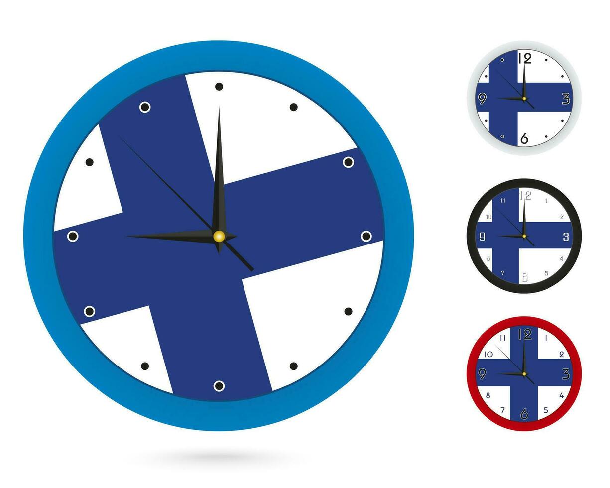 Mauer Uhr Design mit National Flagge von Finnland. vier anders Design. vektor