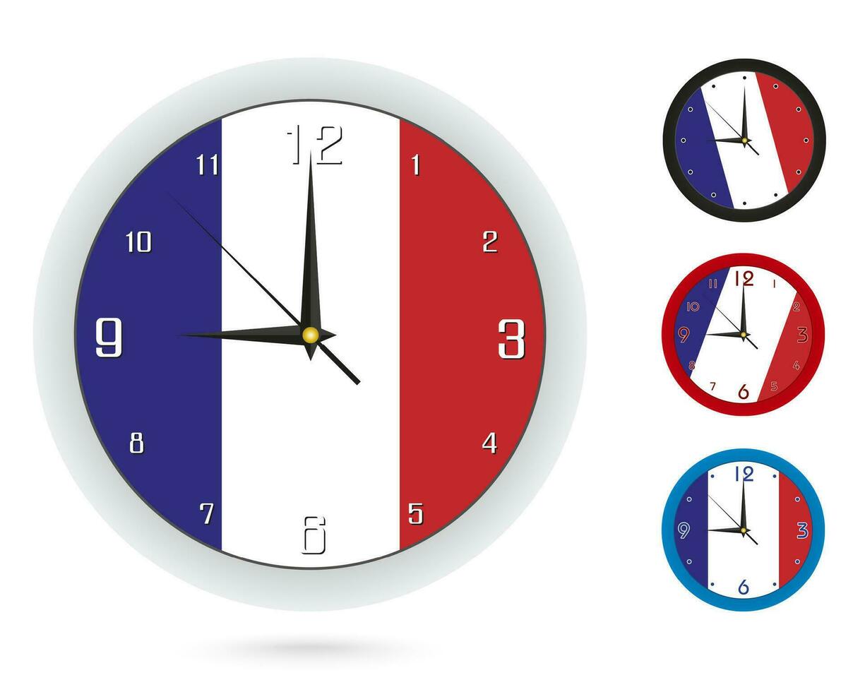 Mauer Uhr Design mit National Flagge von Frankreich. vier anders Design. vektor