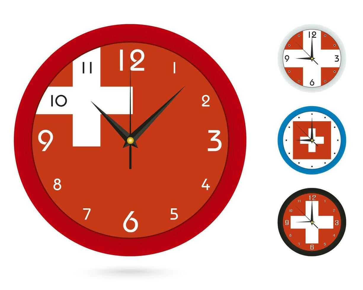 Mauer Uhr Design mit National Flagge von Schweiz, vier anders Design. vektor