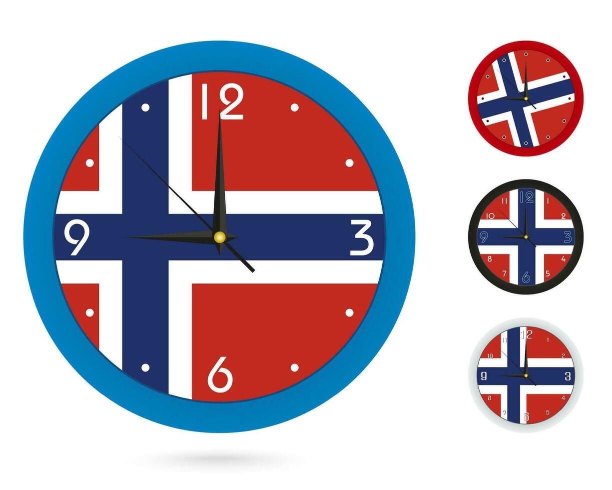 Mauer Uhr Design mit National Flagge von Norwegen. vier anders Design. vektor
