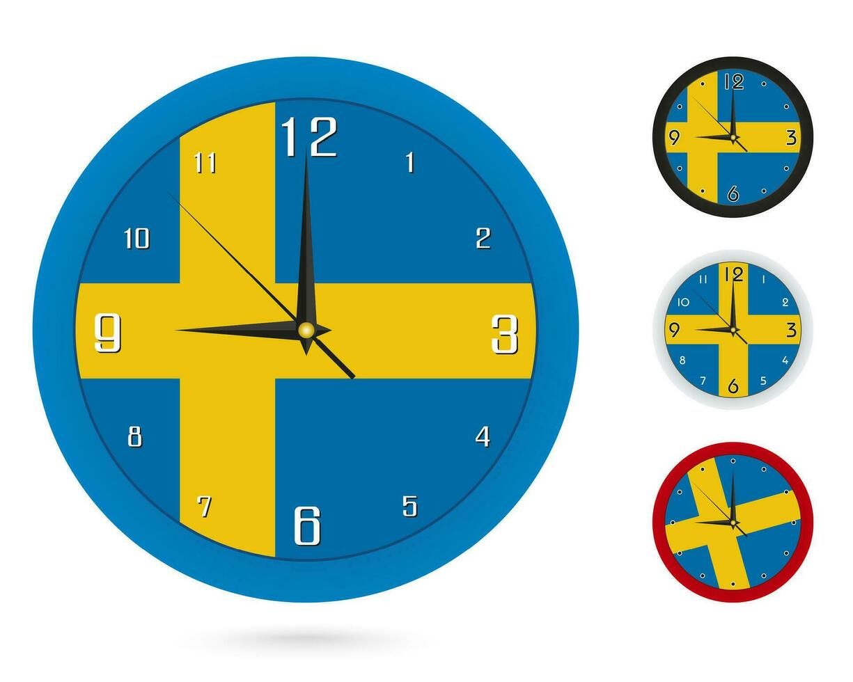 Mauer Uhr Design mit National Flagge von Schweden. vier anders Design. vektor