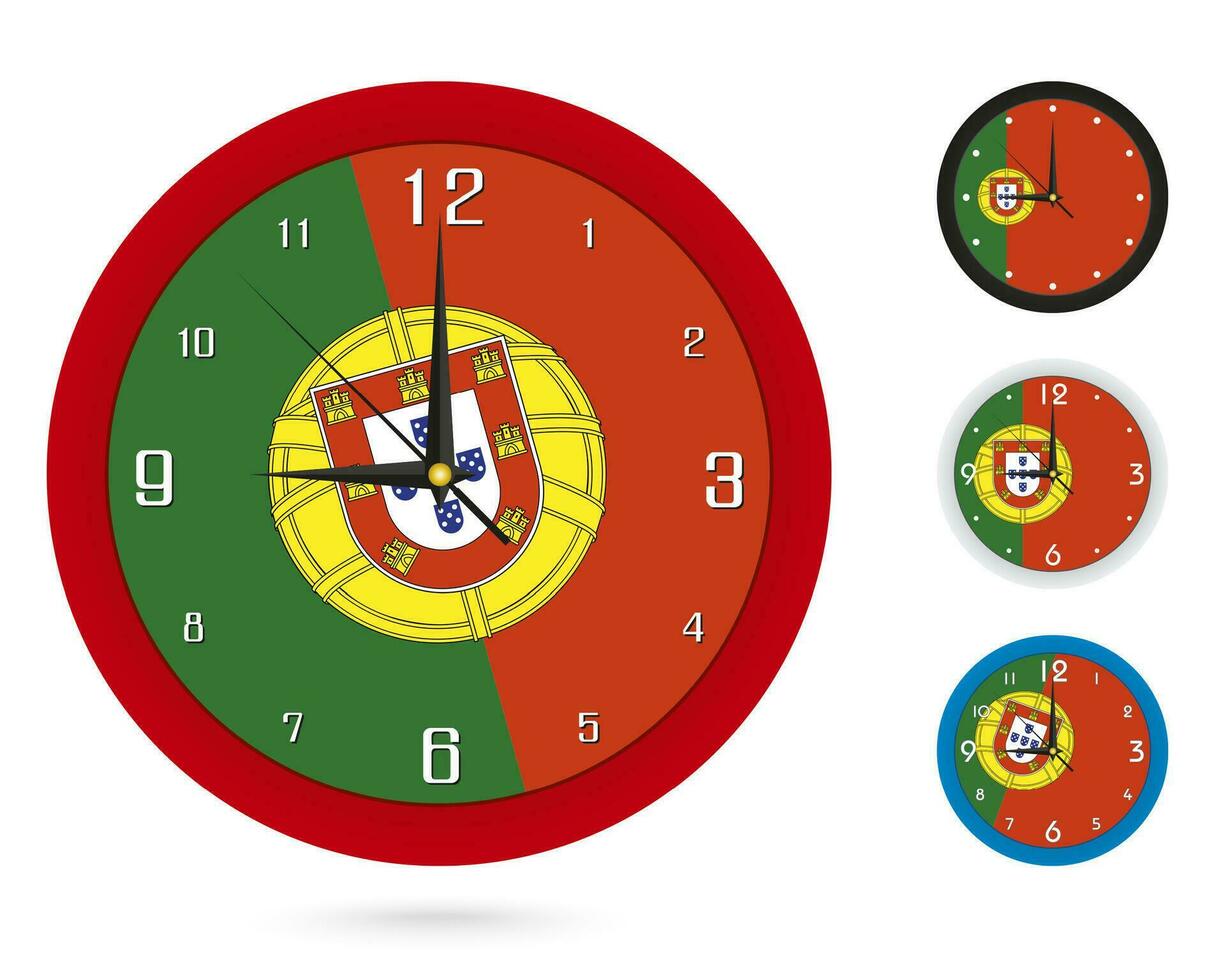 Mauer Uhr Design mit National Flagge von Portugal. vier anders Design. vektor