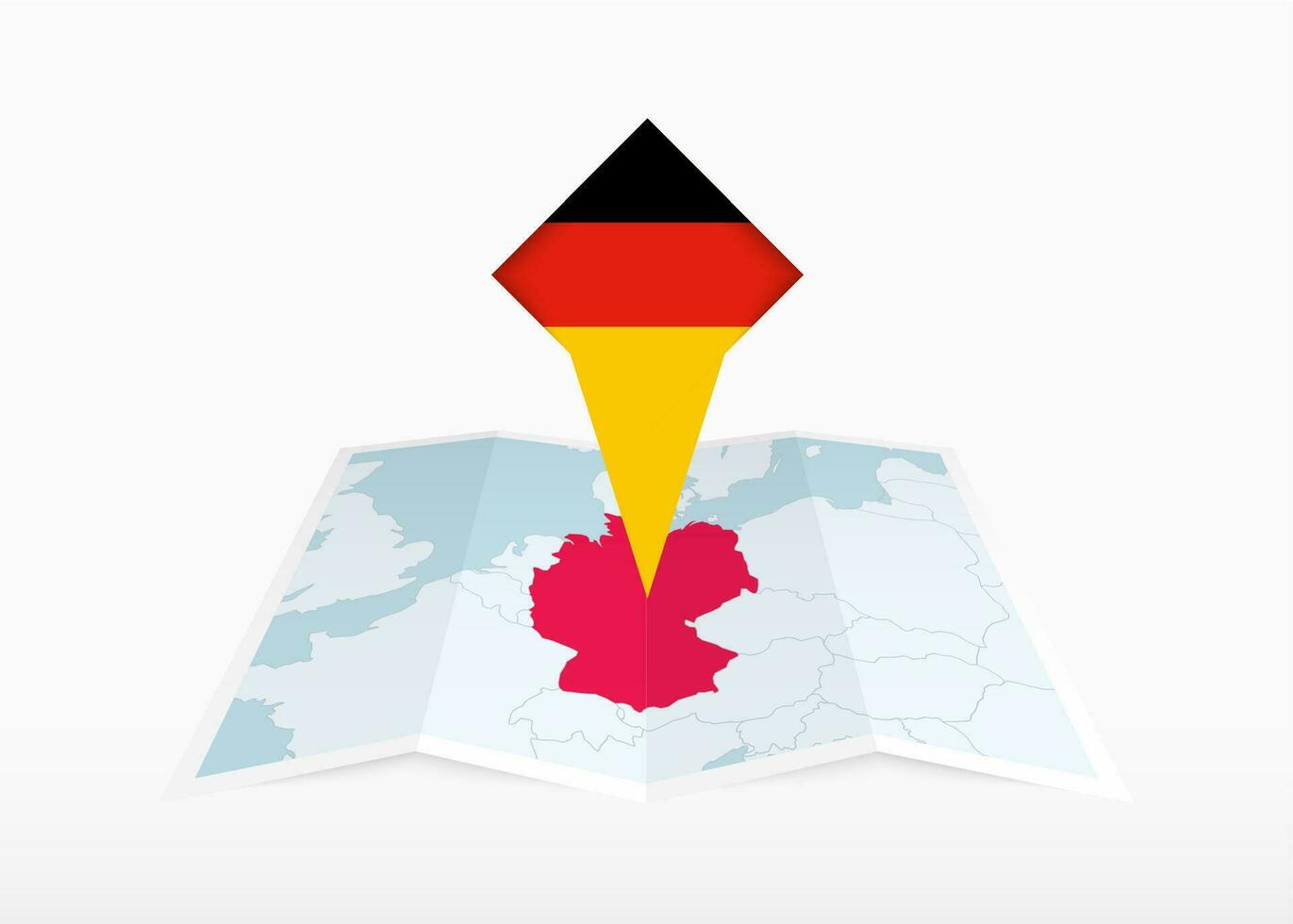 Deutschland ist abgebildet auf ein gefaltet Papier Karte und festgesteckt Ort Marker mit Flagge von Deutschland. vektor