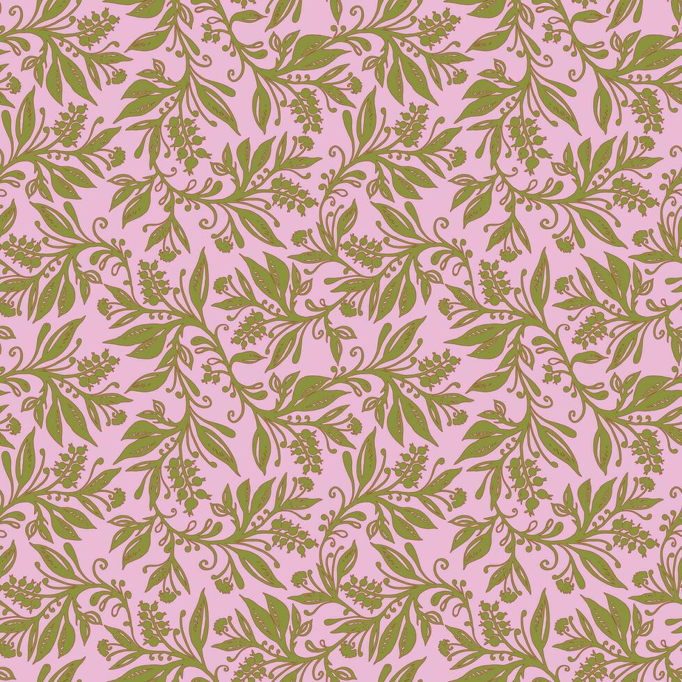 Blumen- nahtlos Muster mit Blätter und Beeren im Chartreuse Grün, Rosa, Wein rot Farben, handgemalt und digitalisiert. Design zum Hintergrund, Textil, Stoff, Verpackung, Hintergrund. vektor