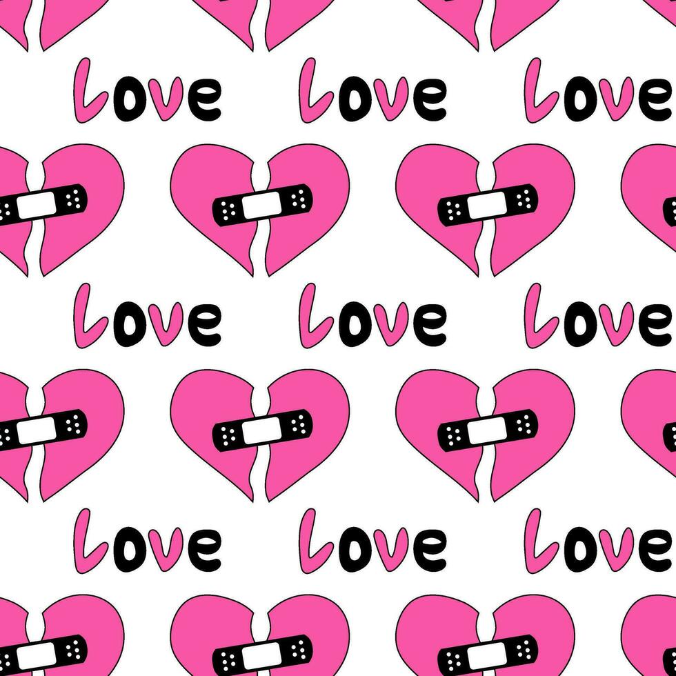 sömlös mönster med hjärtan och text kärlek i emo stil. y2k. svart och rosa. bruten hjärta med lappa. vektor platt illustration.