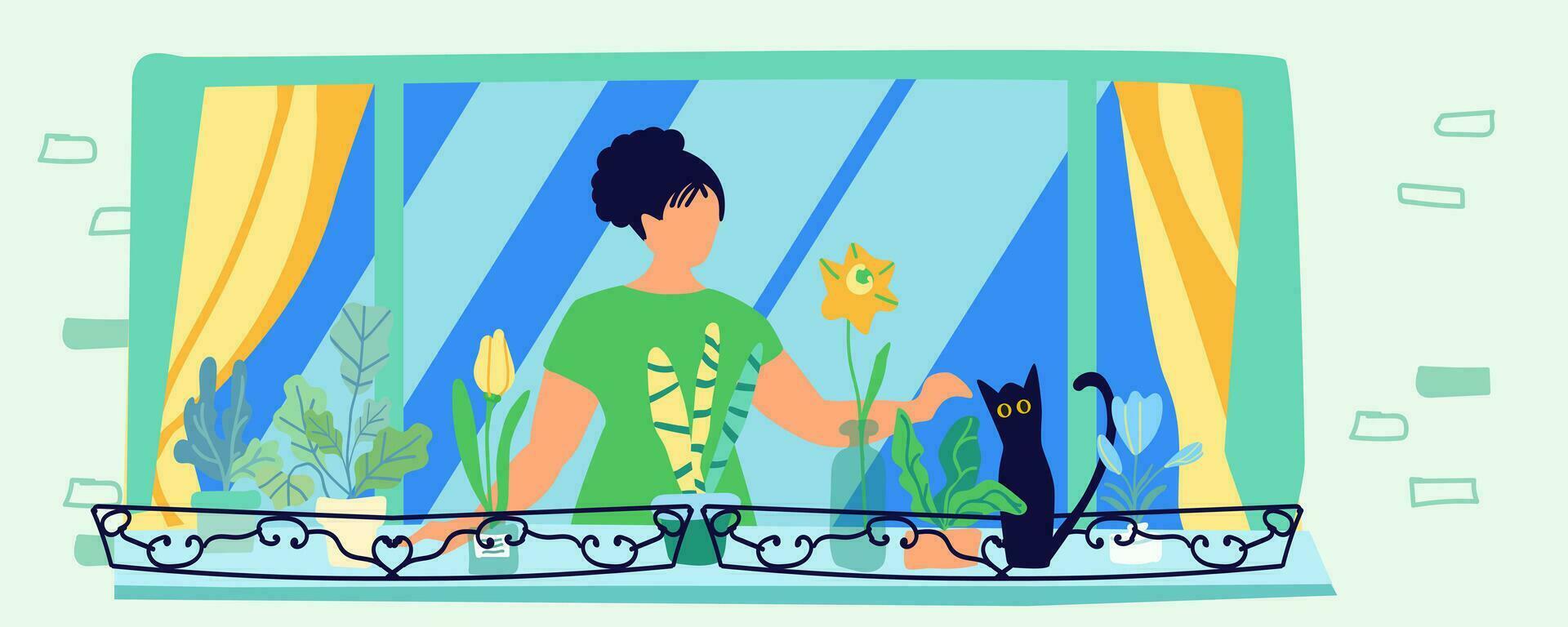 Frau auf das Balkon mit ein Katze und Zimmerpflanzen. vektor