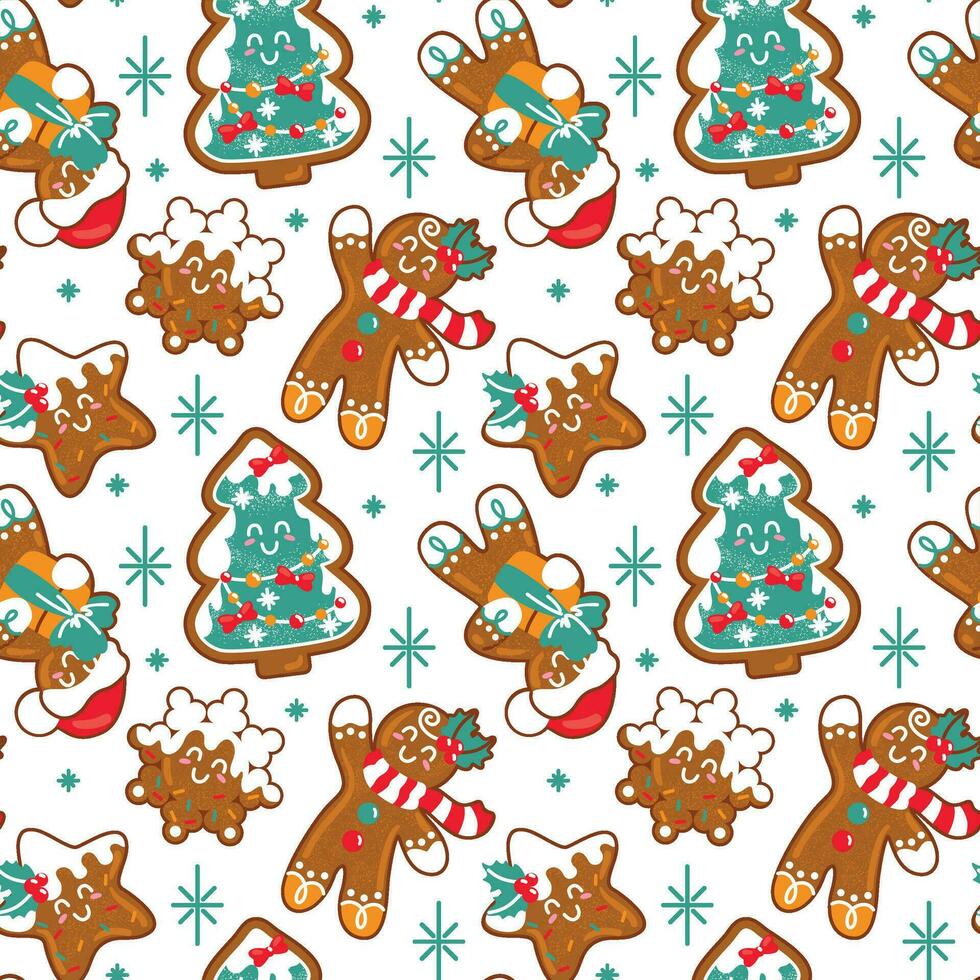pepparkaka man och Övrig traditionell jul småkakor. sömlös mönster på en vit bakgrund. vektor