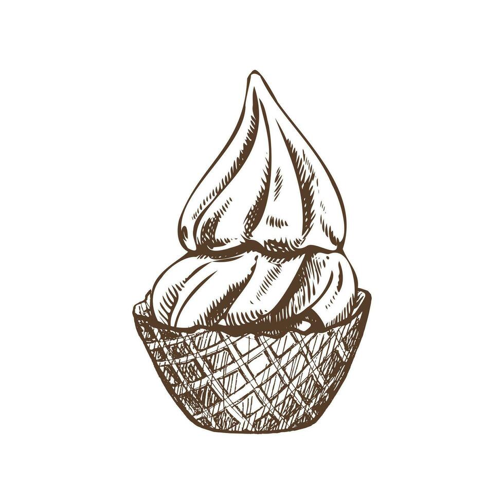 ein handgemalt skizzieren von ein Waffel Korb mit multi - - geschichtet gefroren Joghurt oder Sanft Eis Creme. Jahrgang Illustration. Element zum das Design von Etiketten, Verpackung und Postkarten. vektor