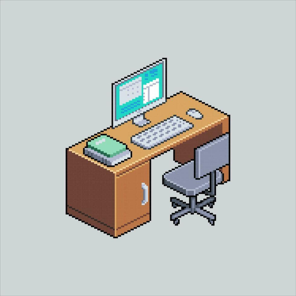 Pixel Kunst Illustration Arbeit Schreibtisch. pixelig Arbeit Schreibtisch. Zuhause Büro Arbeit Schreibtisch pixelig zum das Pixel Kunst Spiel und Symbol zum Webseite und Video Spiel. alt Schule retro. vektor