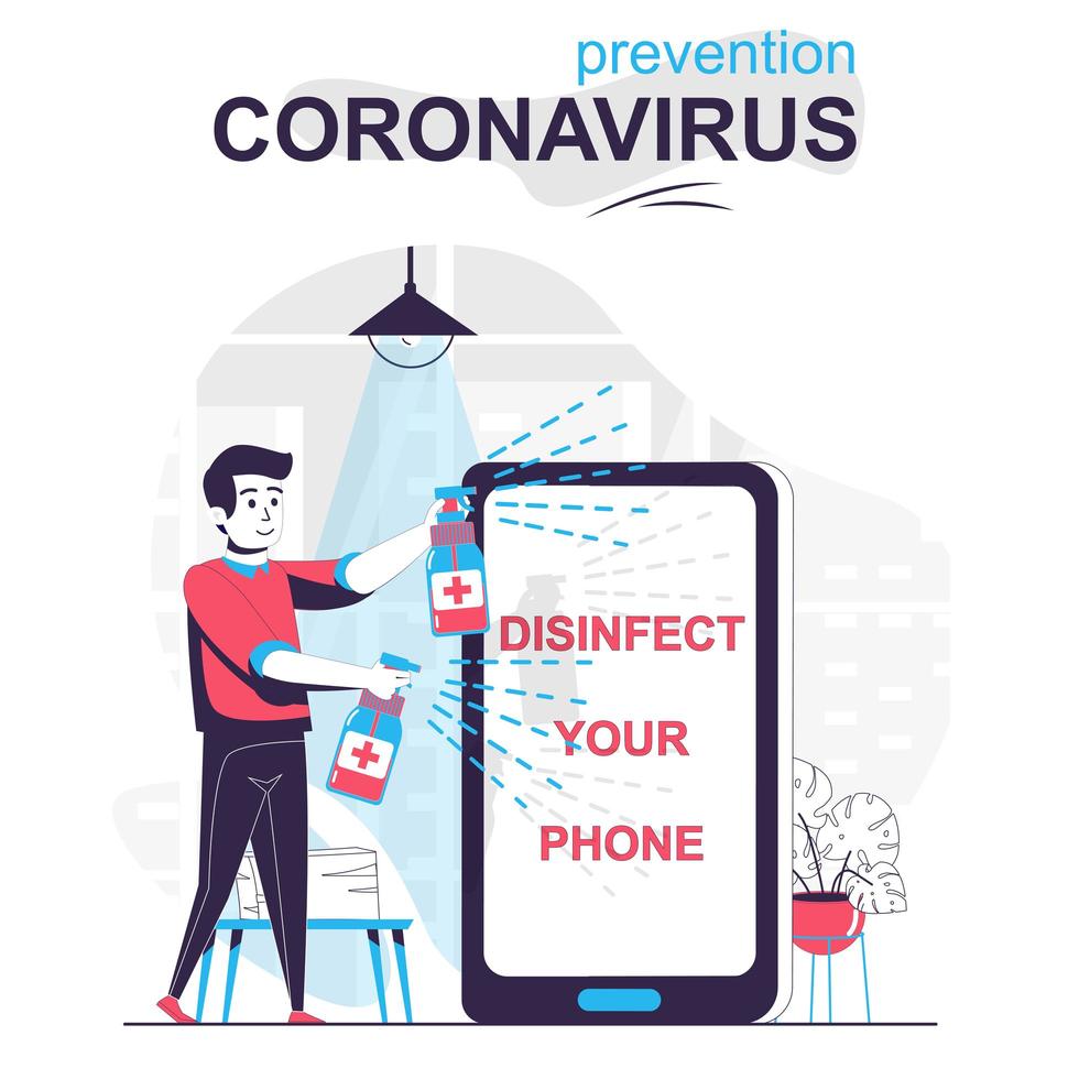 förebyggande coronavirus isolerade tecknade koncept. man sprutar desinfektionsmedel till mobiltelefon, människor scen i platt design. vektor illustration för bloggande, webbplats, mobilapp, mobilsajt.