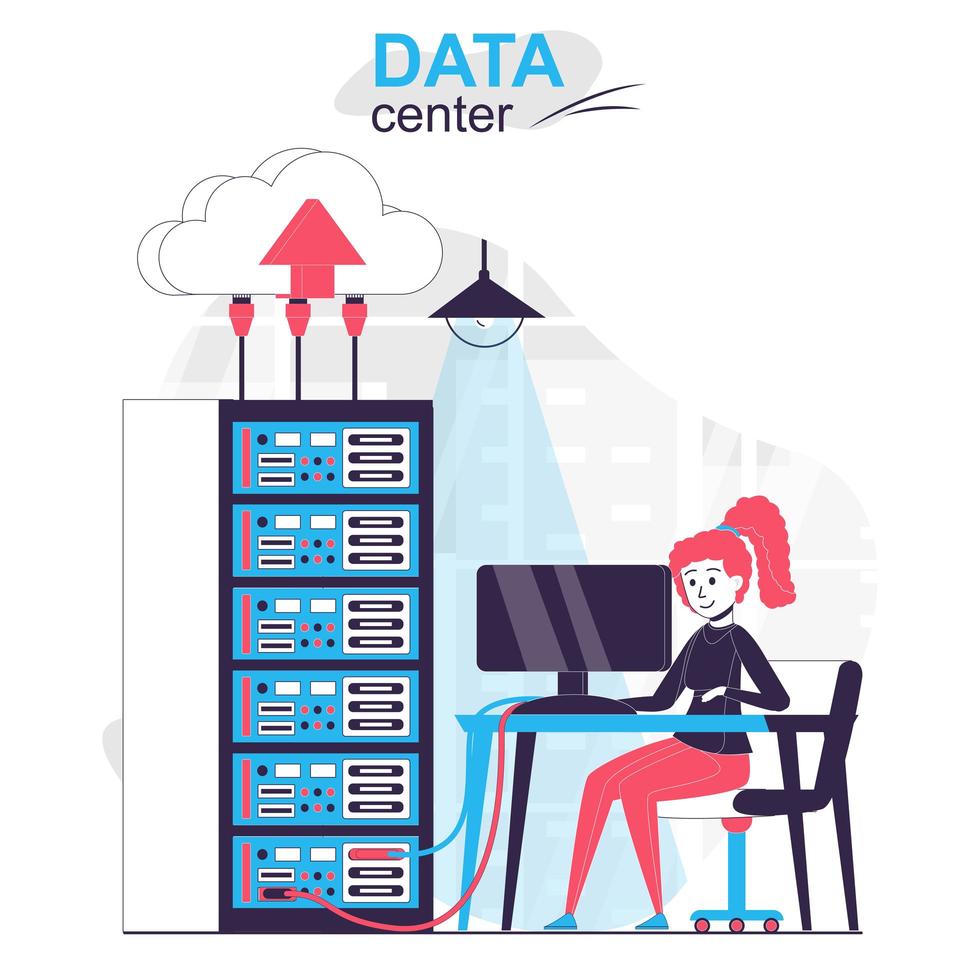 datacenter isolerade tecknade koncept. kvinna som arbetar på server rack -rum, nätverk hårdvara människor scen i platt design. vektor illustration för bloggande, webbplats, mobilapp, reklammaterial.