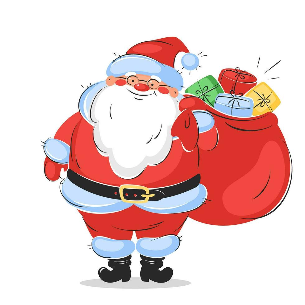 glücklich Santa claus Karikatur Charakter mit ein Tasche von Geschenke im seine Hände bereit Weihnachten und Neu Jahr. Vektor Illustration zum Karten, Winter Feiertage, Banner, Stichworte und Etiketten.