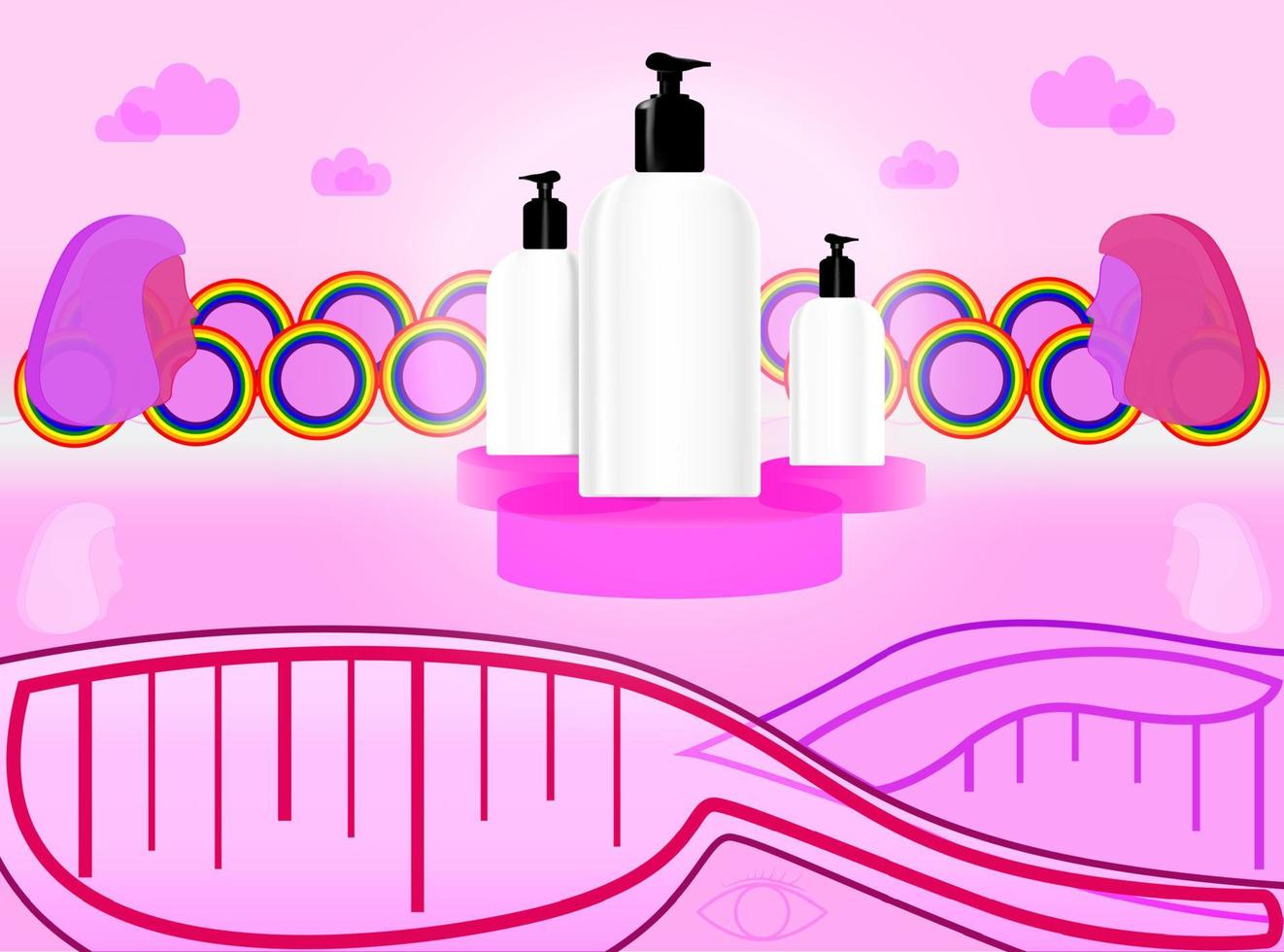 pumpflaskor är mockup av schampo eller produktförpackningar på en rosa bakgrund. kosmetisk design för kvinnors hårvård vektor
