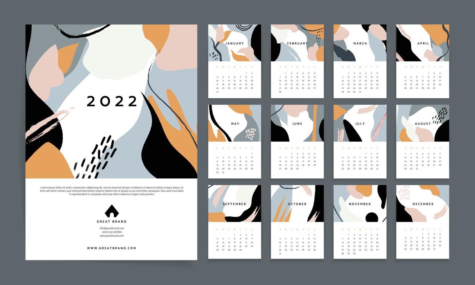 kalendermall, marknadsföringsvektordesign med abstrakta former, 2022 vektor
