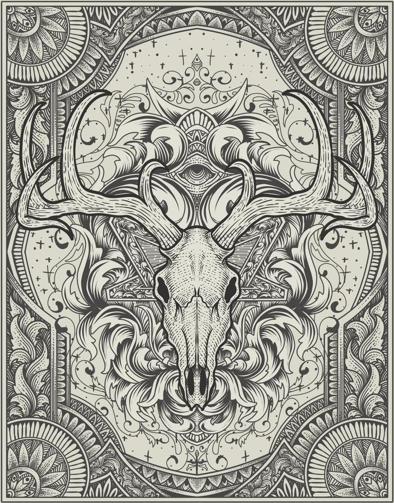 illustration rådjur skalle med gravyr prydnad svartvit stil vektor