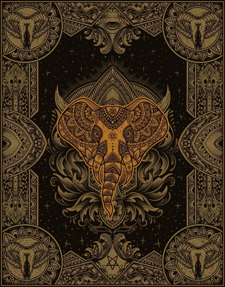 illustration elefanthuvud med vintage mandala -prydnadsstil vektor