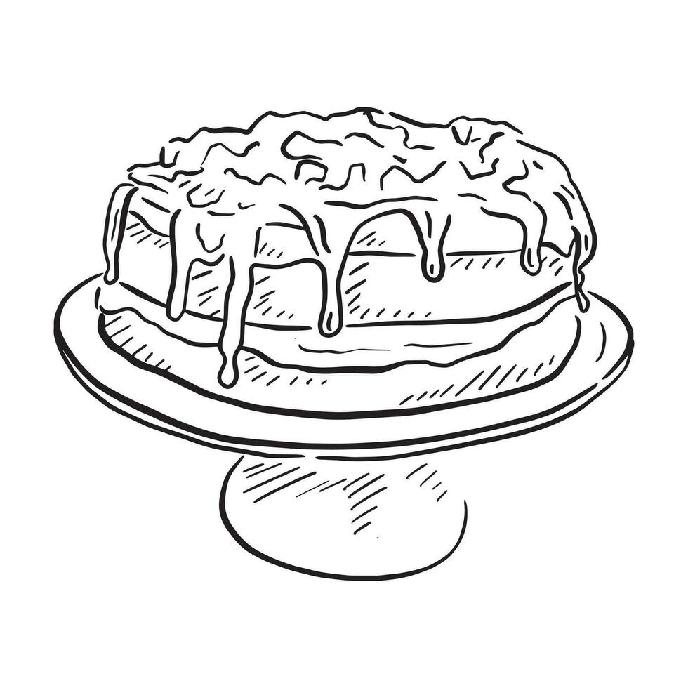 ein Linie gezeichnet Kuchen im schwarz und Weiß mit Glasur tropft und auf ein Kuchen Stand. vektor