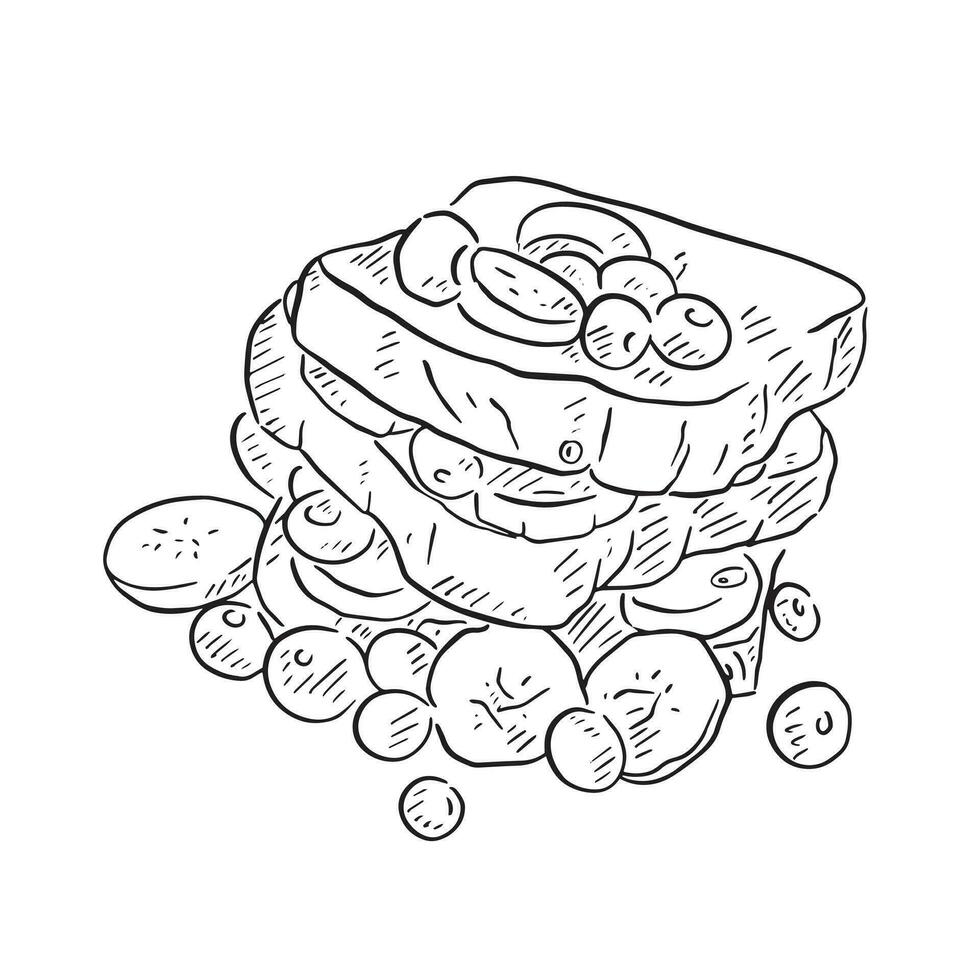 ein Linie gezeichnet Illustration von Französisch Toast, fertig mit Banane und Blaubeeren. ein Frühstück Idee. vektor