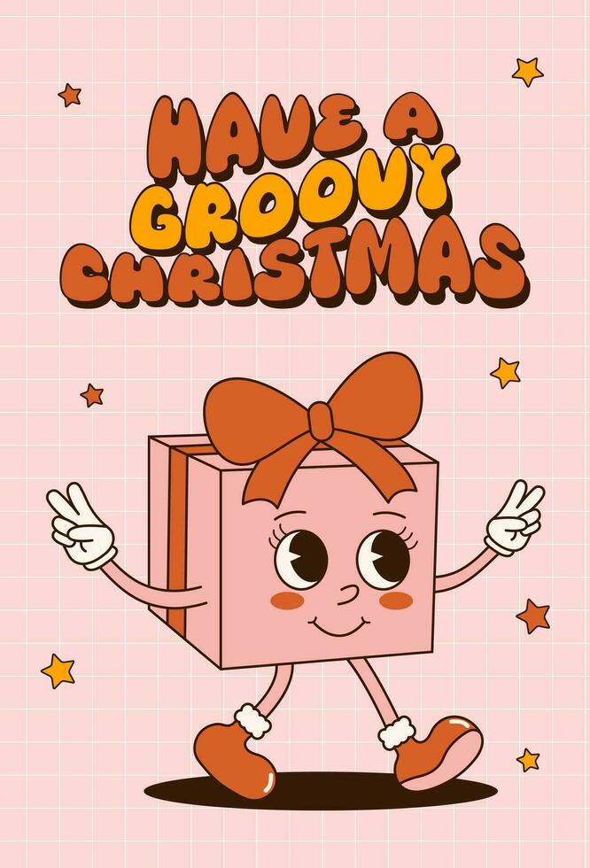 groovig 70er Jahre Weihnachten Karte mit süß Charakter. modisch retro Karikatur Stil. festlich Gruß Karte, drucken, Einladung, Poster, Banner, Hintergrund. vektor