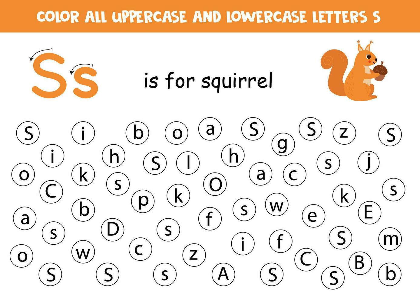 finden und Punkt alle Briefe s. lehrreich Arbeitsblatt zum Lernen Alphabet. süß Eichhörnchen. vektor