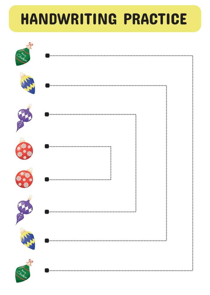 Rückverfolgung Linien zum Kinder. Handschrift trainieren mit Weihnachten Spielzeuge auf das Baum. lehrreich Spiel zum Vorschule Kinder. druckbar Seite Arbeitsblatt. Vektor Illustration.