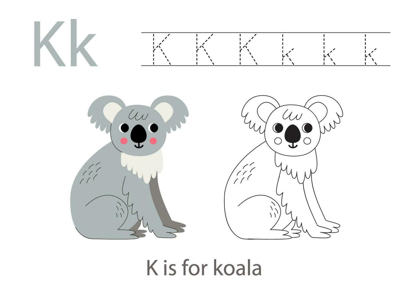 Rückverfolgung Alphabet Briefe mit süß Tiere. Farbe süß grau Koala. Spur Brief k. vektor